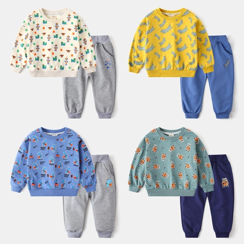 Kids Cartoon Print Two Piece Clothing Set Long Sleeve Sweatshirt Elastic Waist Sweatpants Casual Spring Autumn Outfit Boys Girls Unisex