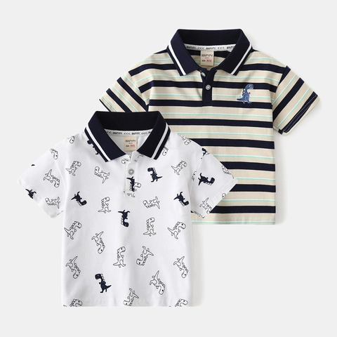 Boys Summer Cotton Blend Polo Shirt Dinosaur Series Cartoon Print Striped Embroidery Short Sleeve Breathable Kids Toddler Top