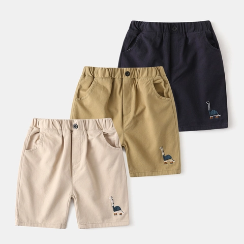 Boys Summer Cotton Shorts Casual Loose Fit Kids Shorts With Cartoon Dinosaur Embroidery Elastic Waist Five-Point Pants