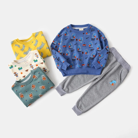 Kids Cartoon Print Two Piece Clothing Set Long Sleeve Sweatshirt Elastic Waist Sweatpants Casual Spring Autumn Outfit Boys Girls Unisex