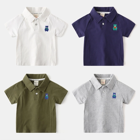 Polo a Manica Corta in Misto Cotone per Bambini Ricamo Orsetto Patchwork Toddler Kids Casual Traspirante Polo Top
