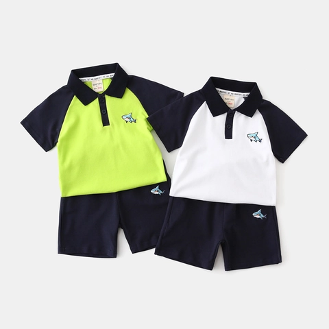 Jongens Zomer Katoenmix Poloshirt En Shorts Outfit Cartoon Haai Borduurwerk Kleurblok Casual Sportkleding Kinderkleding