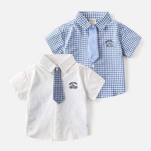 Camicia a Maniche Corte in Cotone da Ragazzo Tinta Unita Plaid Stile Preppy Top Estivo Con Ricamo a Orso e Cravatta Scuola
