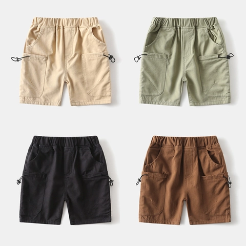 Boys Cotton Cargo Shorts Elastic Waist Summer Casual Cargo Pants For Toddler Kids Solid Color Soft Shorts Outdoor Wear