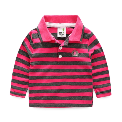 Polo a Manica Lunga per Bambini a Righe Ricamo Elefante Cartone Animato Colletto a Revers Top in Misto Cotone per Ragazzi