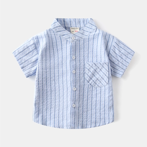Camicia da Ragazzo in Cotone a Righe Manica Corta Stile Coreano Collo Coreano Estivo Traspirante Top con Bottoni per Bambini