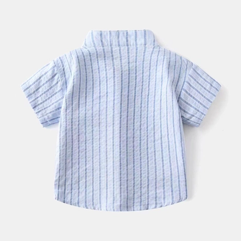 Camicia da Ragazzo in Cotone a Righe Manica Corta Stile Coreano Collo Coreano Estivo Traspirante Top con Bottoni per Bambini