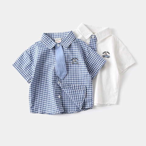 Camicia a Maniche Corte in Cotone da Ragazzo Tinta Unita Plaid Stile Preppy Top Estivo Con Ricamo a Orso e Cravatta Scuola