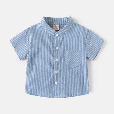 Camicia a Righe a Maniche Corte da Ragazzo 100% Cotone Stile Coreano Collo alla Coreana Casual Top Estivo per Bambini