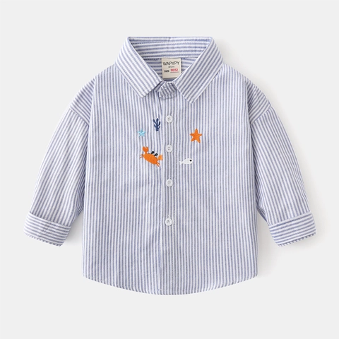 Camicia a Maniche Lunghe a Righe per Ragazzi in 100% Cotone Con Ricamo Animali Marini Stile Coreano Top Casual per Bambini