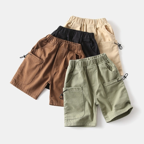 Boys Cotton Cargo Shorts Elastic Waist Summer Casual Cargo Pants For Toddler Kids Solid Color Soft Shorts Outdoor Wear