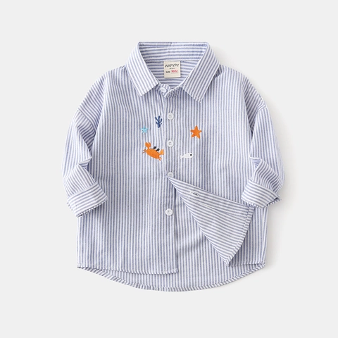 Camicia a Maniche Lunghe a Righe per Ragazzi in 100% Cotone Con Ricamo Animali Marini Stile Coreano Top Casual per Bambini
