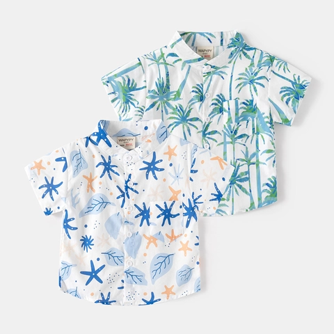 Kinder Jungen Kurzarm Baumwollhemd Tropische Palme Seestern Bedruckt Casual V-Ausschnitt Strand Sommer Top Für Kleinkinder