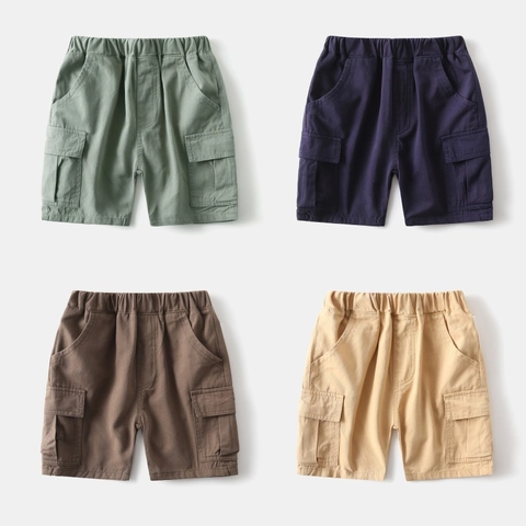 Boys Cotton Cargo Shorts Elastic Waist Solid Color Casual Summer Bottoms With Pockets For Kids Toddler Comfortable Soft