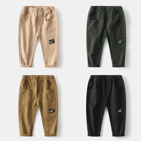 Boys Casual Cotton Cargo Pants Solid Color Elastic Waist Washed Trousers With Pockets For Spring Autumn Kids Clothes