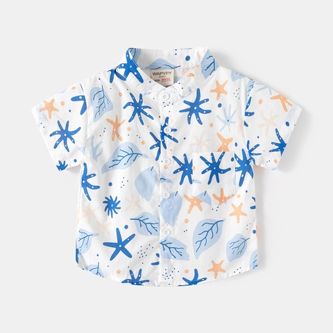 Kinder Jungen Kurzarm Baumwollhemd Tropische Palme Seestern Bedruckt Casual V-Ausschnitt Strand Sommer Top Für Kleinkinder
