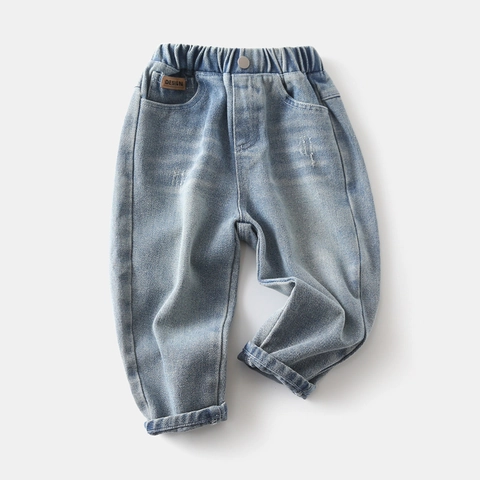 Kids Boys Washed Denim Jeans Elastic Waist Light Blue Distressed Casual Long Pants Soft Cotton Blend Spring Autumn Clothes