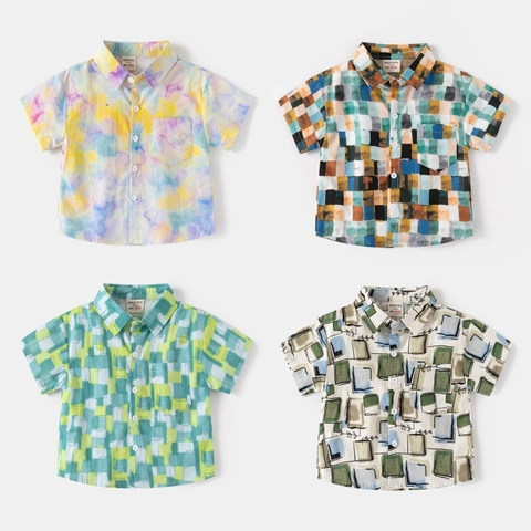 Boys Short Sleeve Cotton Shirt New Digital Print Lapel Summer Top Toddler Children Korean Style Casual Loose Comfortable Shirt