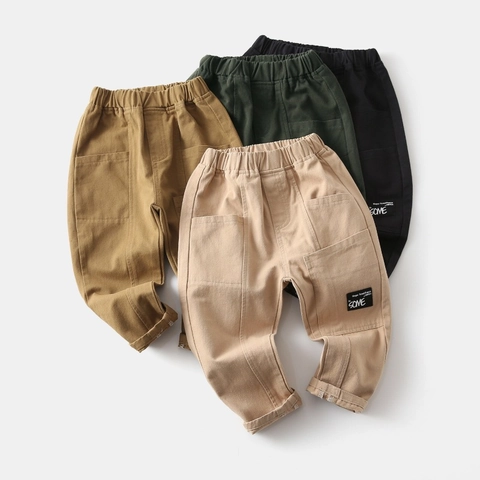 Boys Casual Cotton Cargo Pants Solid Color Elastic Waist Washed Trousers With Pockets For Spring Autumn Kids Clothes