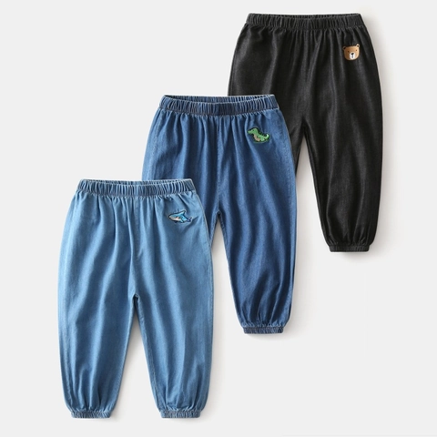 Pantaloni Joggers in Denim Estivi per Bambini Ragazzi Ragazze Leggeri Protezione Zanzare Cartone Animato Squalo Dinosauro Ricamo Pantaloni alla Turca