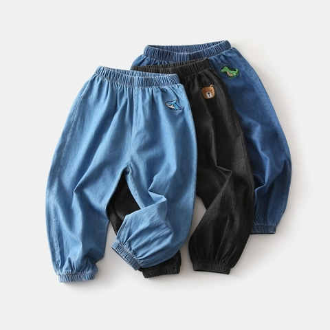 Pantaloni Joggers in Denim Estivi per Bambini Ragazzi Ragazze Leggeri Protezione Zanzare Cartone Animato Squalo Dinosauro Ricamo Pantaloni alla Turca