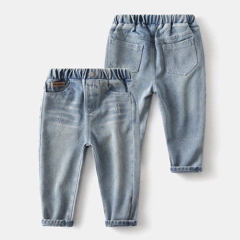 Kids Boys Washed Denim Jeans Elastic Waist Light Blue Distressed Casual Long Pants Soft Cotton Blend Spring Autumn Clothes