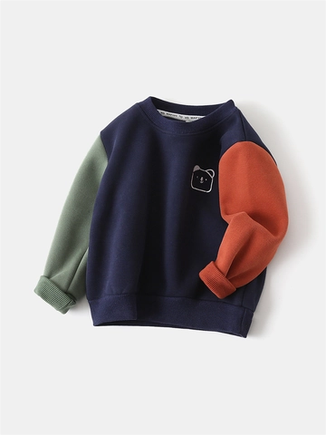 Jongens Fleece Gevoerde Patchwork Mouw Sweatshirt Casual Cartoon Beer Geborduurde Dikke Warme Pullover Top Voor Kinderen Herfst Winter