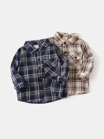 Boys Long Sleeve Plaid Cotton Shirt Casual Turn Down Collar Brushed Checkered Top For Toddler Kids Autumn Fashion Outfit