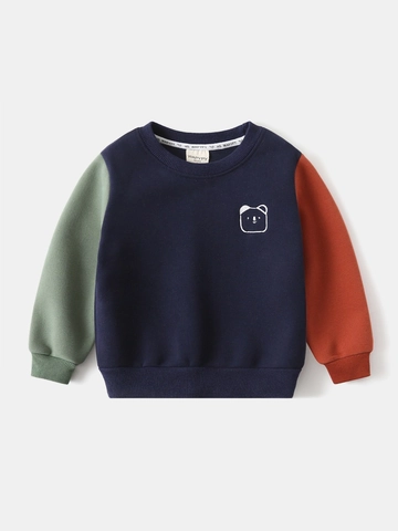Jongens Fleece Gevoerde Patchwork Mouw Sweatshirt Casual Cartoon Beer Geborduurde Dikke Warme Pullover Top Voor Kinderen Herfst Winter