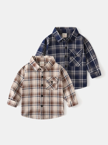 Boys Long Sleeve Plaid Cotton Shirt Casual Turn Down Collar Brushed Checkered Top For Toddler Kids Autumn Fashion Outfit