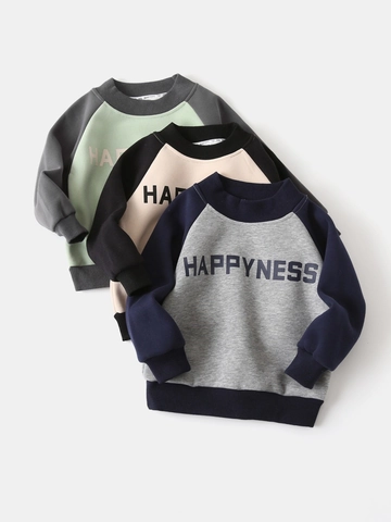 Boys Raglan Sleeve Fleece Sweatshirt Patchwork Color Block Long Sleeve Casual Letter Print Autumn Winter Pullover