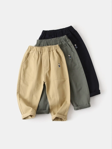 Pantaloni Sportivi in Cotone per Ragazzi Stile Coreano Comodi Tinta Unita Con Ricamo Orsetto Vita Elastica Autunno Bambini
