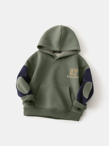 Felpa con Cappuccio per Ragazzi in Pile Ispessito con Blocchi di Colore Toppe sui Gomiti Stampa Lettere Misto Cotone Casual Sportivo