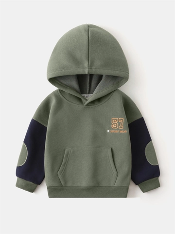 Felpa con Cappuccio per Ragazzi in Pile Ispessito con Blocchi di Colore Toppe sui Gomiti Stampa Lettere Misto Cotone Casual Sportivo
