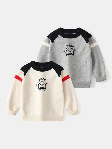 Jongens Cartoon Beer Katoenmix Gebreide Trui Casual Contrast Raglanmouw Pullover Top Voor Peuters Kinderen Herfst Kleding