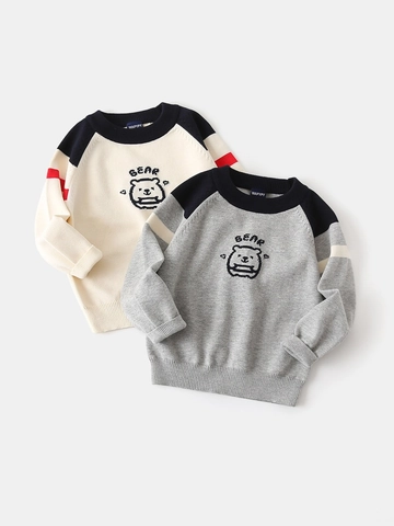 Jongens Cartoon Beer Katoenmix Gebreide Trui Casual Contrast Raglanmouw Pullover Top Voor Peuters Kinderen Herfst Kleding