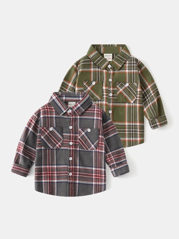 Camicia a Quadri a Maniche Lunghe da Ragazzo in Misto Cotone Flanella Spazzolata Top con Bottoni Autunno Casual Quotidiano Comodo Vestiti per Bambini
