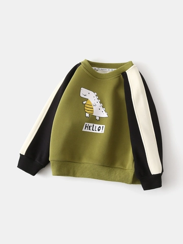 Boys Cotton Blend Fleece Lined Sweatshirt Korean Style Cartoon Dinosaur Printed Color Block Contrast Sleeve Pullover Top