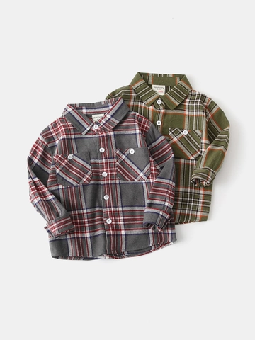 Camicia a Quadri a Maniche Lunghe da Ragazzo in Misto Cotone Flanella Spazzolata Top con Bottoni Autunno Casual Quotidiano Comodo Vestiti per Bambini