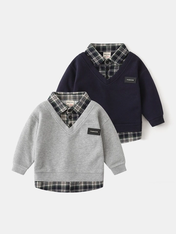 Boys Casual Faux Two-Piece Sweatshirt Cotton Blend Long Sleeve Patchwork Plaid Collar Fashion Kids Pullover Fall Tops