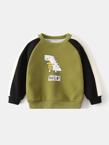 Boys Cotton Blend Fleece Lined Sweatshirt Korean Style Cartoon Dinosaur Printed Color Block Contrast Sleeve Pullover Top