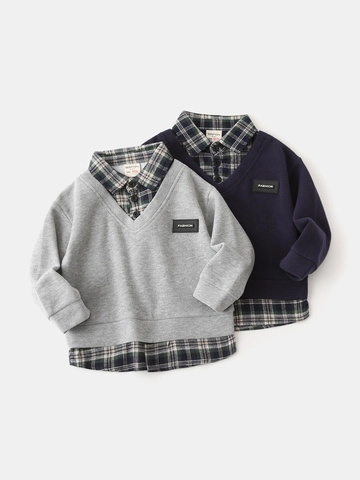 Boys Casual Faux Two-Piece Sweatshirt Cotton Blend Long Sleeve Patchwork Plaid Collar Fashion Kids Pullover Fall Tops