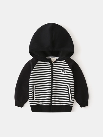 Boys Hooded Zip Up Sweatshirt Cotton Blend Stripe Splicing Toddler Casual Long Sleeve Hoodie Jacket With Bear Embroidery