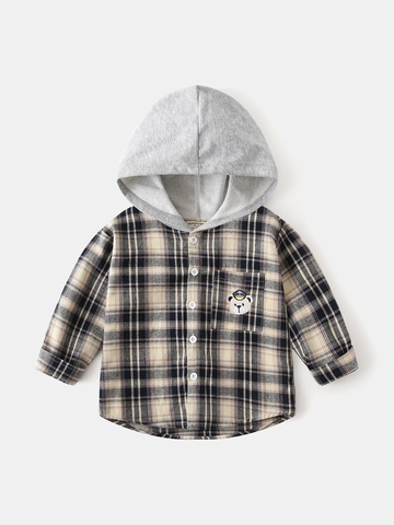 Camicia Casual a Quadretti con Cappuccio Bambino Misto Cotone Morbido Manica Lunga Ricamo Orsetto per Autunno Vestiti Moda