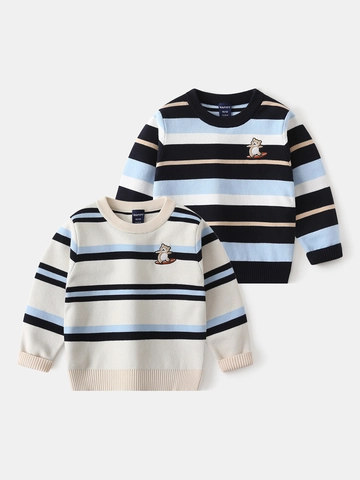 Pull Rayé en Tricot pour Garçons Style Coréen Col Rond Manches Longues Mélange de Coton avec Écusson Brodé Ours Automne