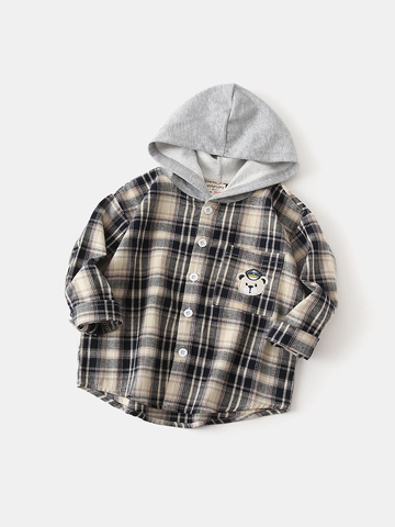 Camicia Casual a Quadretti con Cappuccio Bambino Misto Cotone Morbido Manica Lunga Ricamo Orsetto per Autunno Vestiti Moda
