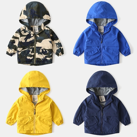 Boys Hooded Windbreaker Jacket Casual Polyester Zipper Coat Solid Color Camouflage Pattern Long Sleeve Outerwear For Kids