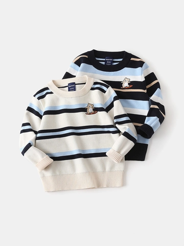 Pull Rayé en Tricot pour Garçons Style Coréen Col Rond Manches Longues Mélange de Coton avec Écusson Brodé Ours Automne