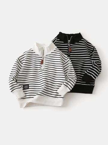 Boys Striped Quarter Zip Sweatshirt Cotton Blend Mock Neck Long Sleeve Pullover For Toddler Kids Casual Fashion Autumn Top