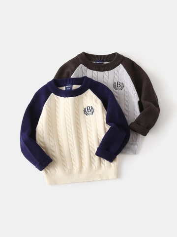 Jongens Kabeltrui Patchwork Raglanmouwen Gebreide Trui Geborduurd Letter Katoenmix Gebreide Top Voor Kinderen Herfst Winter